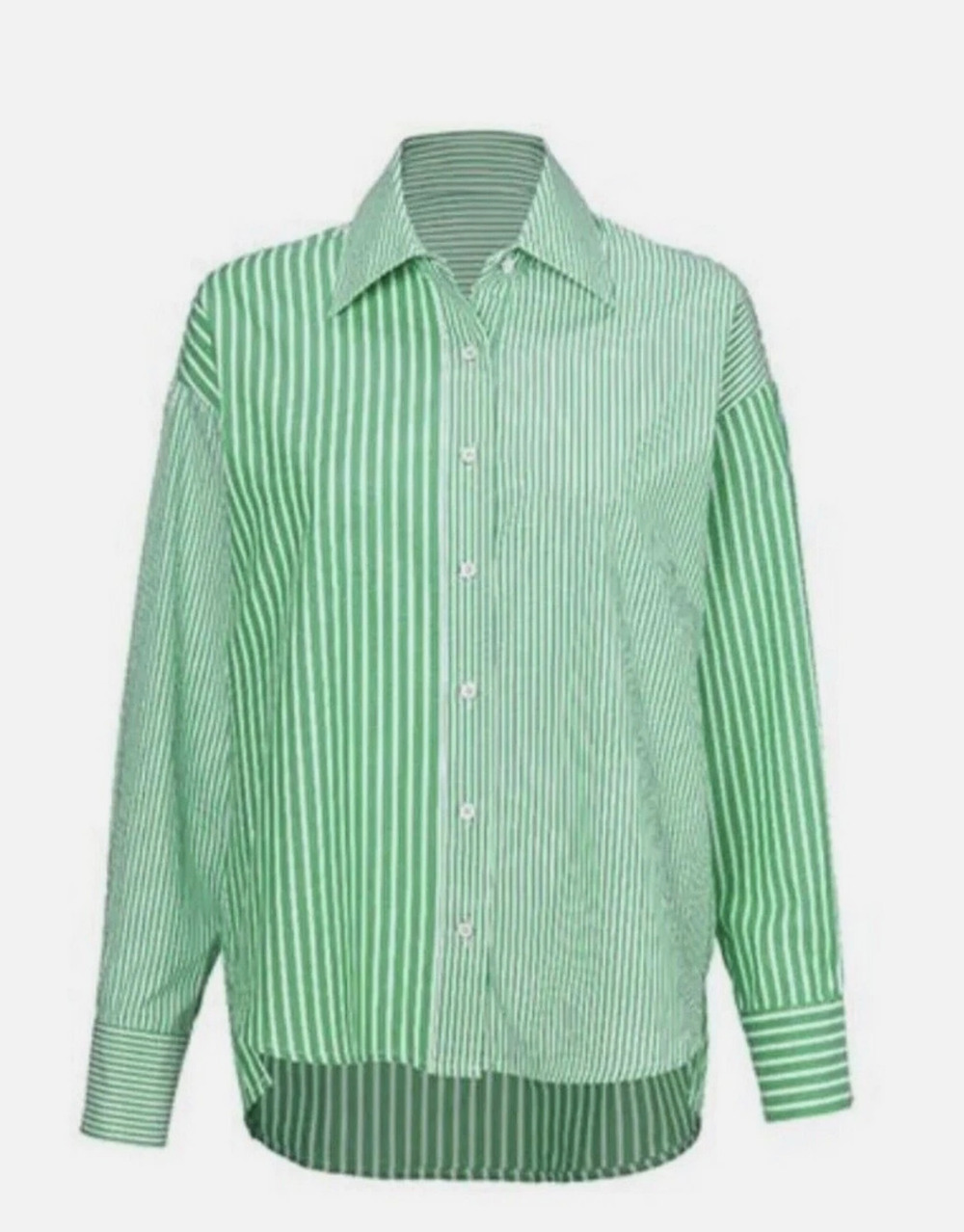 Cabi Dad Shirt Jacket Green White Mixed Stripe Tunic Length Relaxed #6292 Sz S